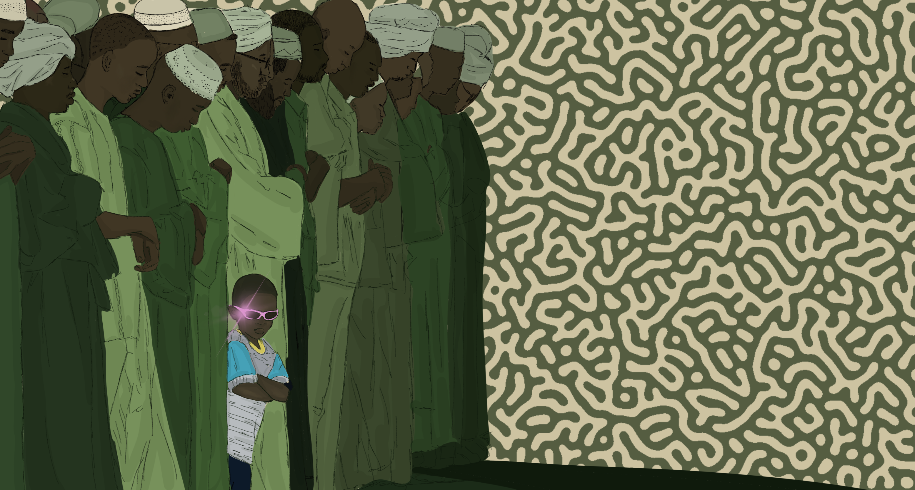 Sudanese community illustration with a child in bright pink glasses