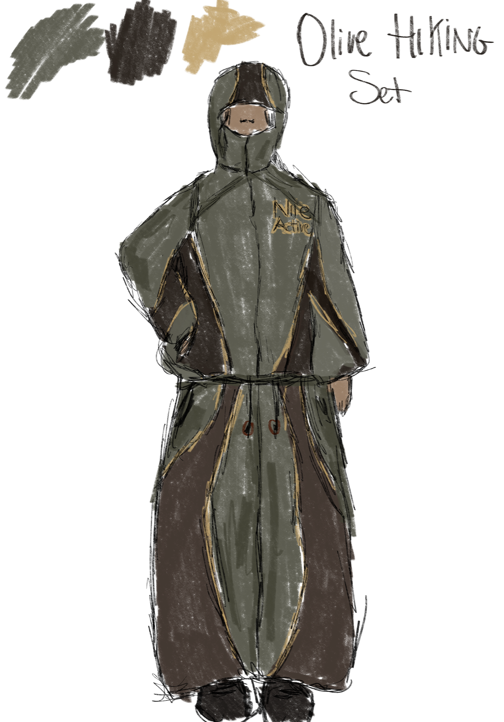 Olive, brown and gold hooded set development sketch with handwritten notes and colour swatches