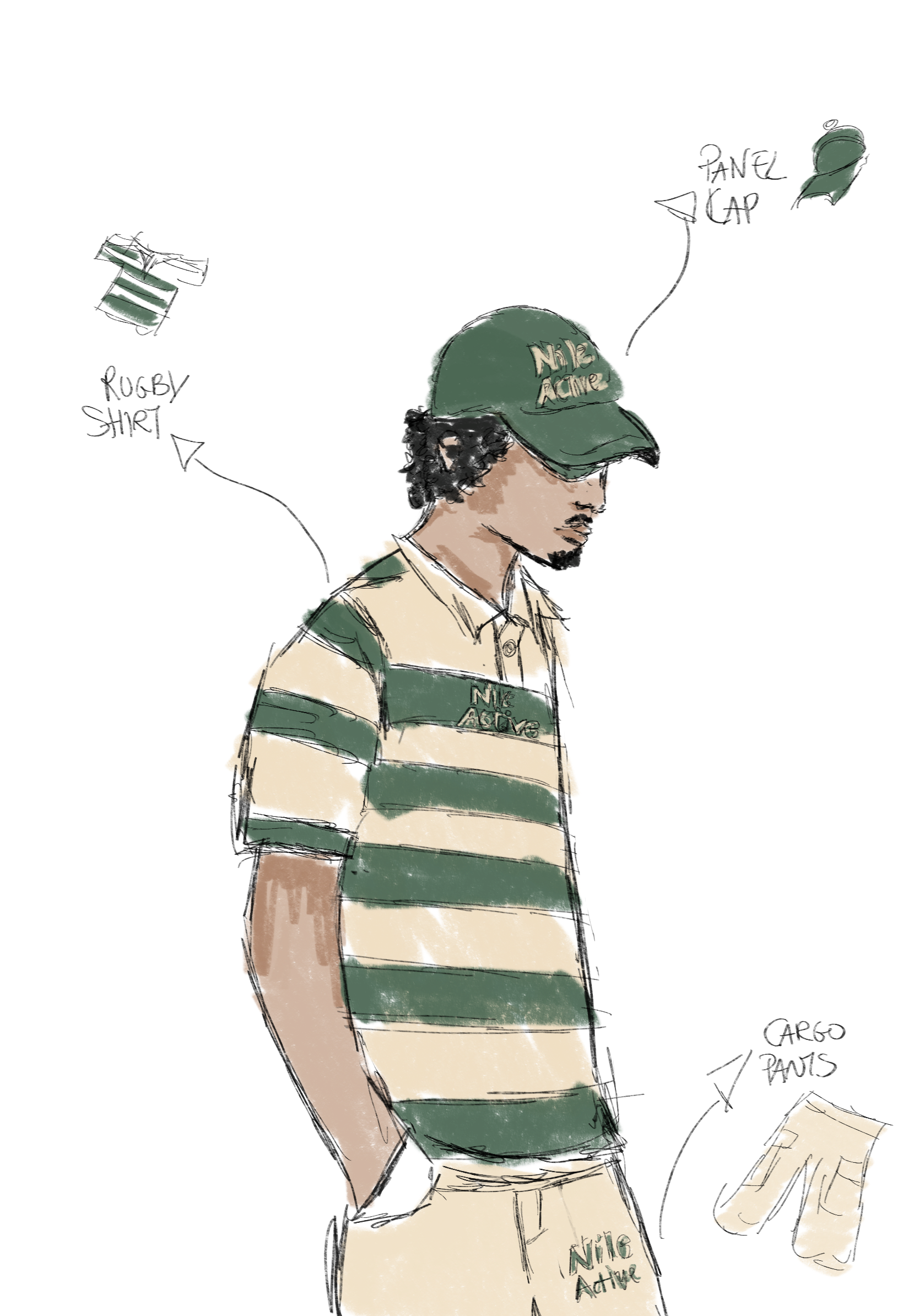 Striped green and cream polo with cap styling study