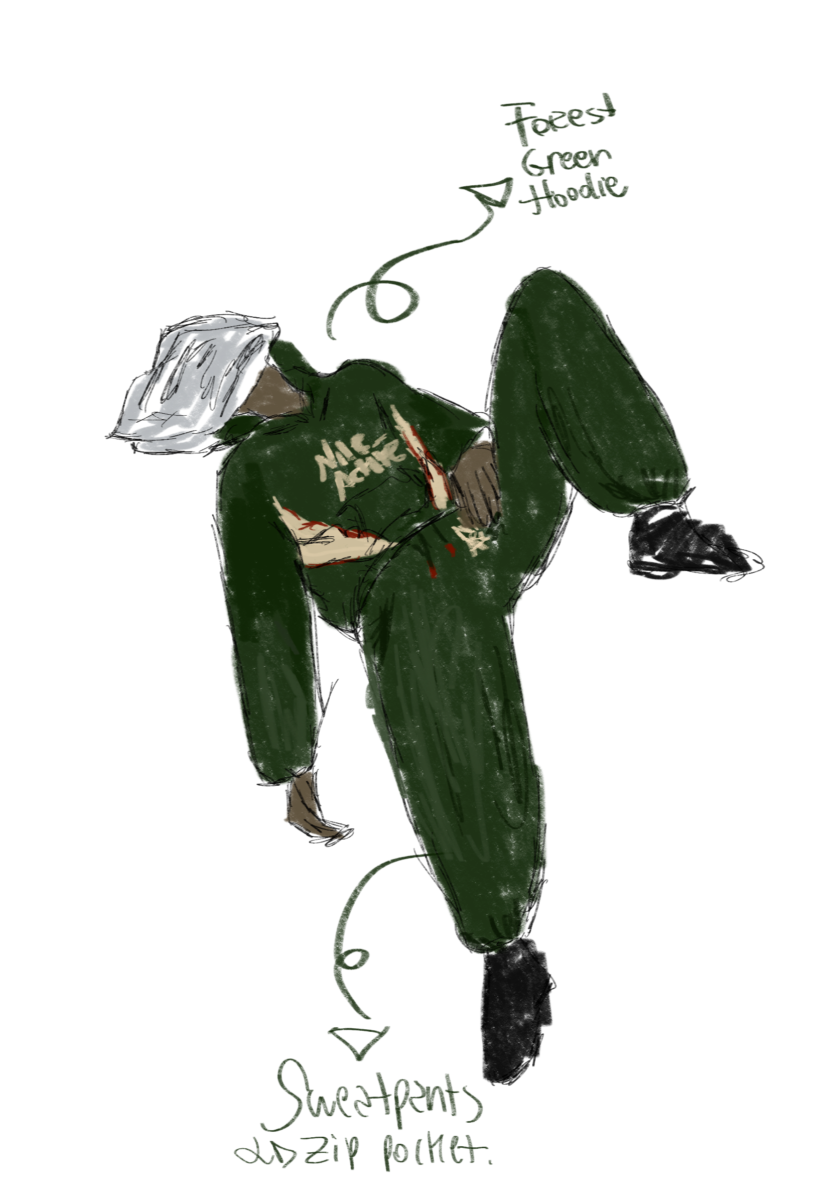 Green hooded pose development sketch with handwritten notes and arrows